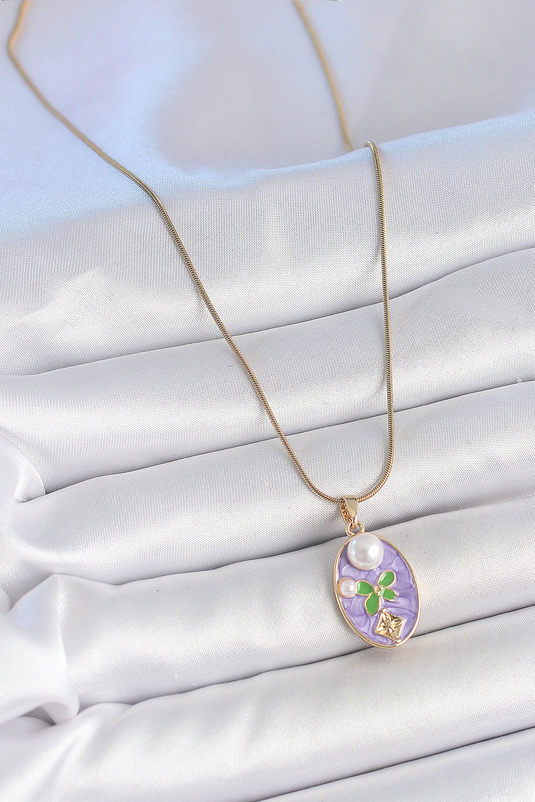 EBJ 316L Steel Gold Color Chain Purple Enamel Oval Pearl Flower Embroidered Portrait Model Women's Necklace - San Sebastián de los Reyes