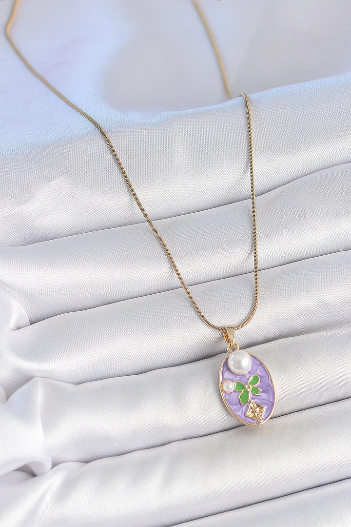 EBJ 316L Steel Gold Color Chain Purple Enamel Oval Pearl Flower Embroidered Portrait Model Women's Necklace - San Sebastián de los Reyes