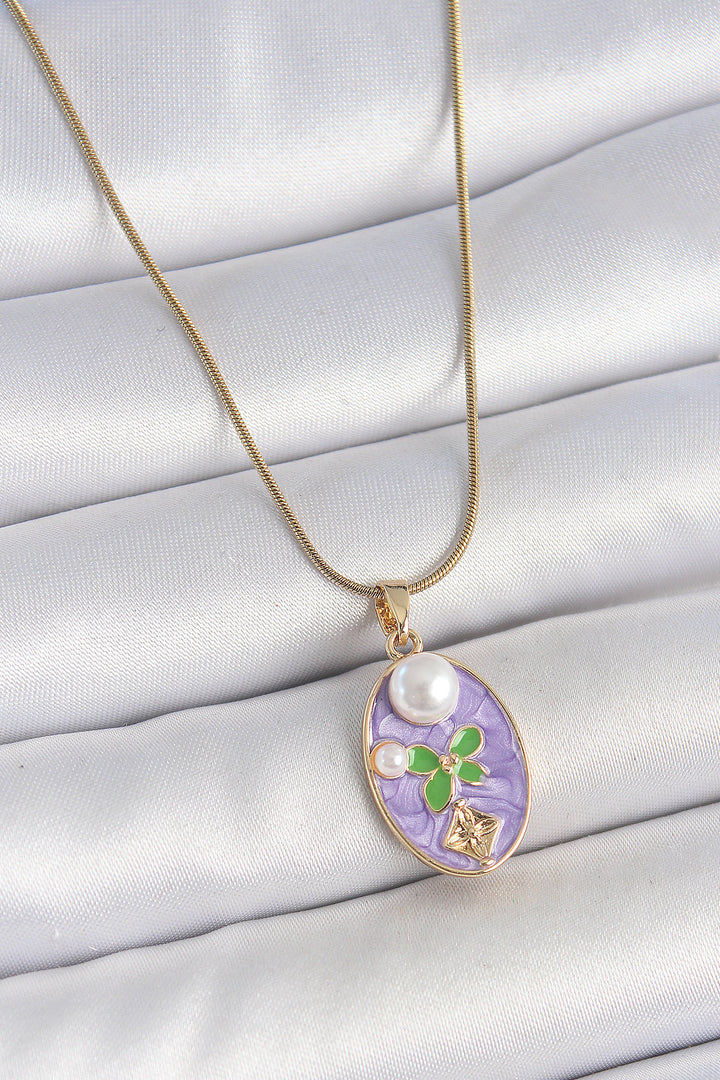 EBJ 316L Steel Gold Color Chain Purple Enamel Oval Pearl Flower Embroidered Portrait Model Women's Necklace - San Sebastián de los Reyes