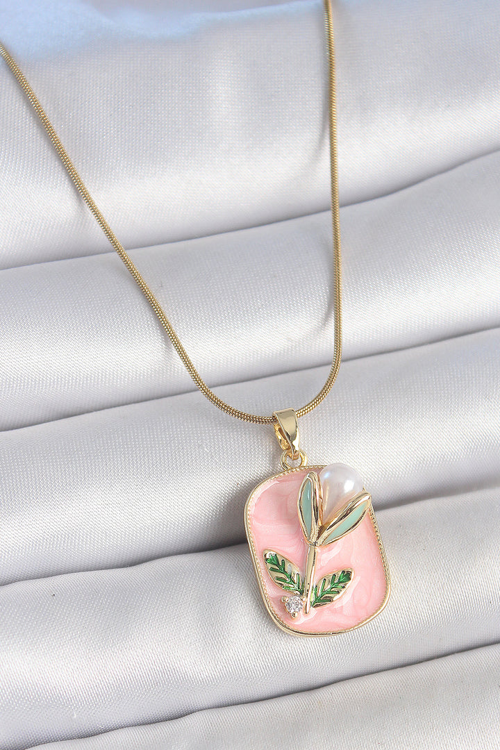 EBJ 316L Steel Gold Color Chain Pink Enamel Pearl Flower Embroidered Portrait Model Women's Necklace - Rio Tinto
