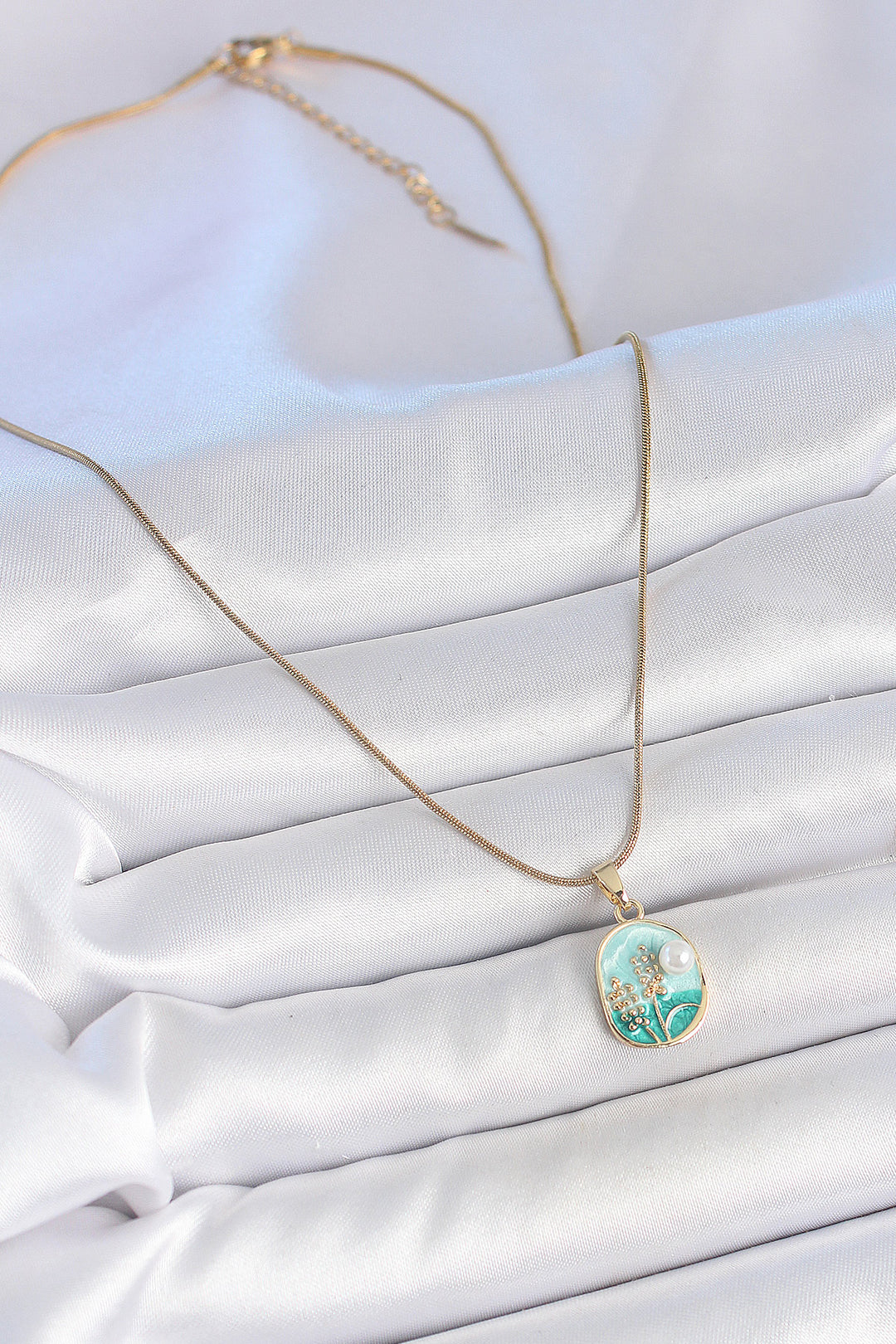 EBJ 316L Steel Gold Color Chain Blue Enamel Pearl Flower Embroidered Portrait Model Women's Necklace - Calumet City