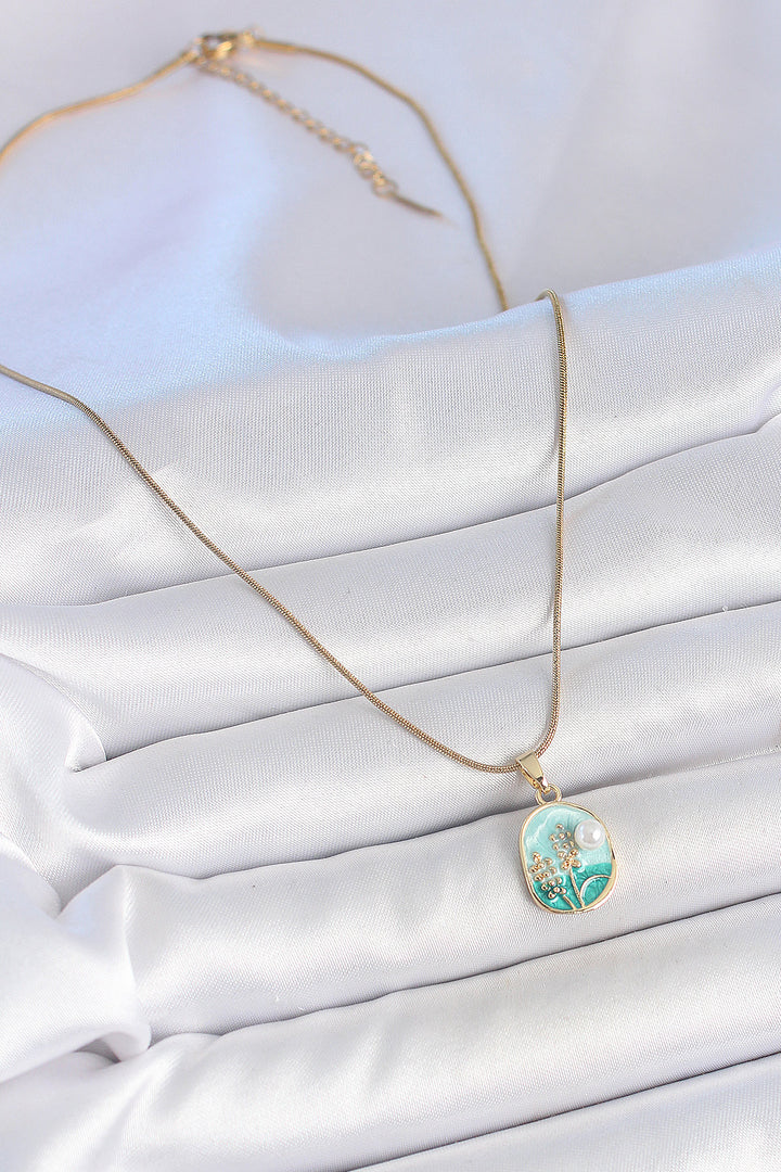 EBJ 316L Steel Gold Color Chain Blue Enamel Pearl Flower Embroidered Portrait Model Women's Necklace - Calumet City