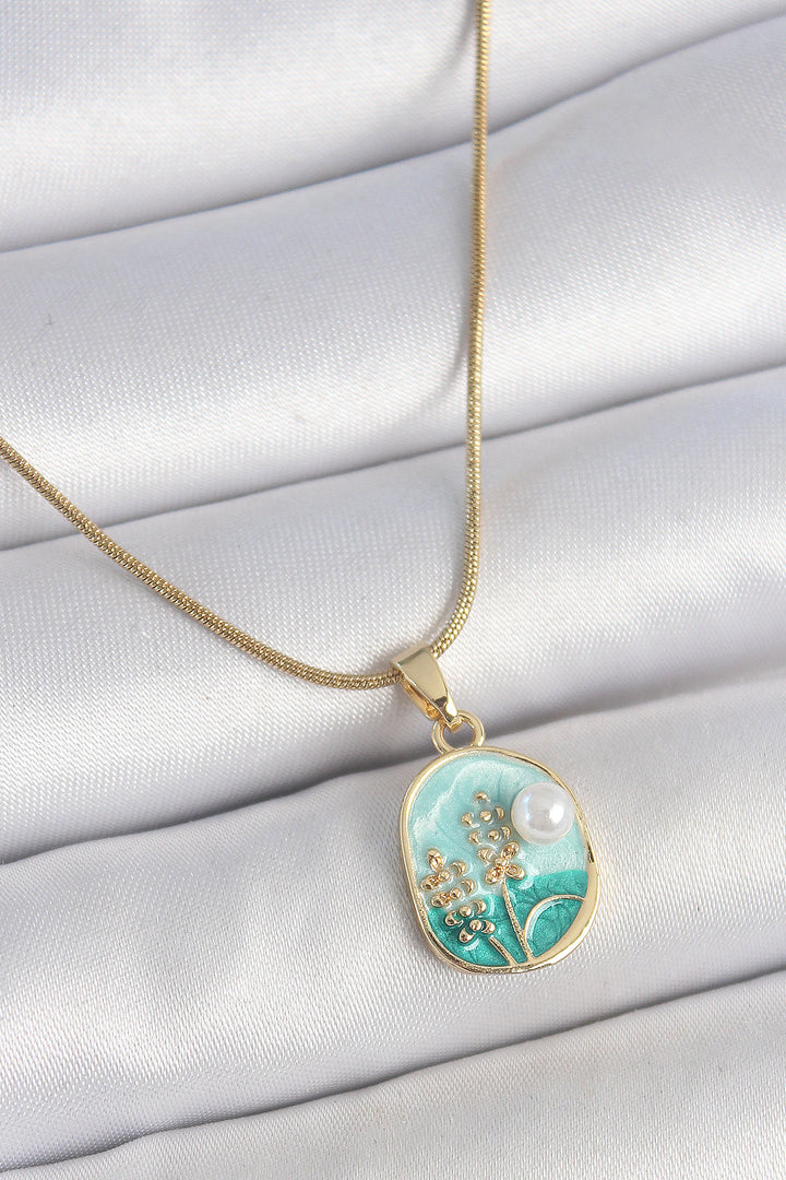 EBJ 316L Steel Gold Color Chain Blue Enamel Pearl Flower Embroidered Portrait Model Women's Necklace - Calumet City