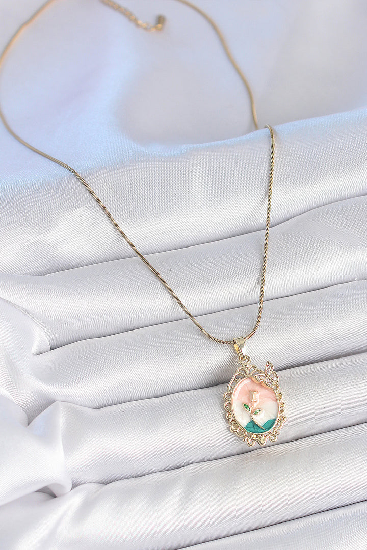 EBJ 316L Steel Gold Color Chain Mixed Color Flower Embroidered Zircon Stone Detailed Portrait Model Women's Necklace - Emsdetten
