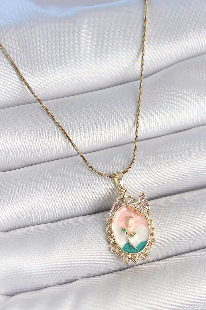 EBJ 316L Steel Gold Color Chain Mixed Color Flower Embroidered Zircon Stone Detailed Portrait Model Women's Necklace - Emsdetten