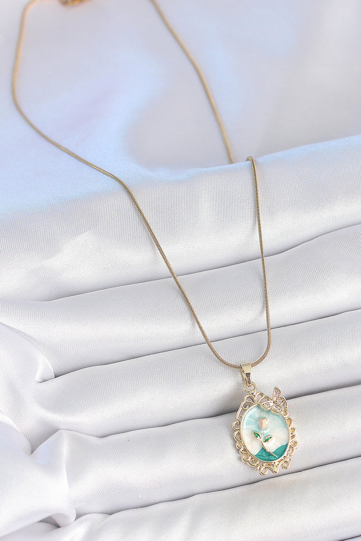 EBJ 316L Steel Gold Color Chain Blue Enamel Flower Embroidered Zircon Stone Detailed Portrait Model Women's Necklace - Gainesville