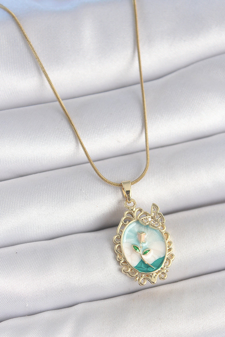 EBJ 316L Steel Gold Color Chain Blue Enamel Flower Embroidered Zircon Stone Detailed Portrait Model Women's Necklace - Gainesville