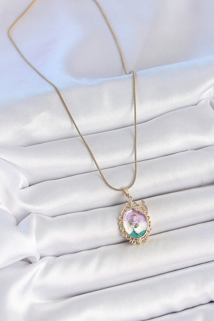 EBJ 316L Steel Gold Color Chain Mixed Color Enamel Flower Embroidered Zircon Stone Detailed Portrait Model Women's Necklace - Milford city