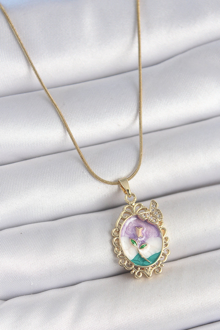 EBJ 316L Steel Gold Color Chain Mixed Color Enamel Flower Embroidered Zircon Stone Detailed Portrait Model Women's Necklace - Milford city