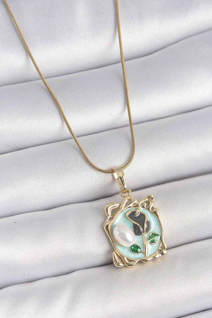 EBJ 316L Steel Gold Color Chain Blue Enamel Flower Embroidered Pearl Detail Portrait Model Women's Necklace - Marino
