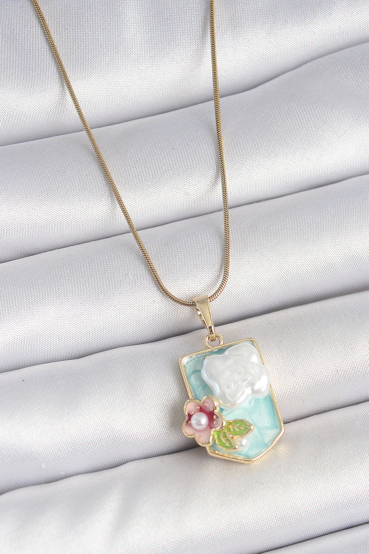 EBJ 316L Steel Gold Color Chain Blue Enamel Pearl Flower Embroidered Portrait Model Women's Necklace - Gondomar