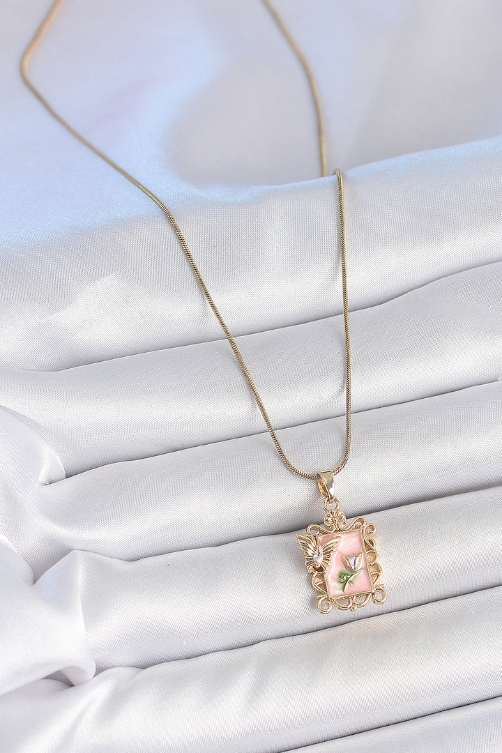 EBJ 316L Steel Gold Color Chain Pink Enamel Flower Embroidered Zircon Stone Butterfly Detail Portrait Model Women's Necklace - El Dorado