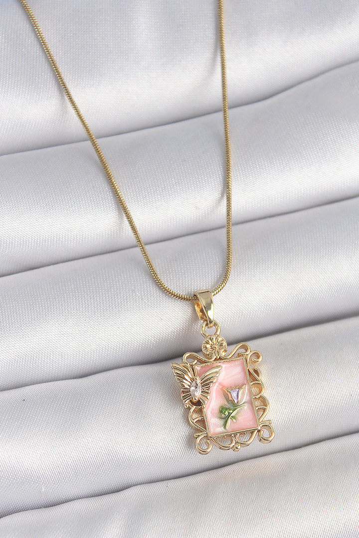 EBJ 316L Steel Gold Color Chain Pink Enamel Flower Embroidered Zircon Stone Butterfly Detail Portrait Model Women's Necklace - El Dorado