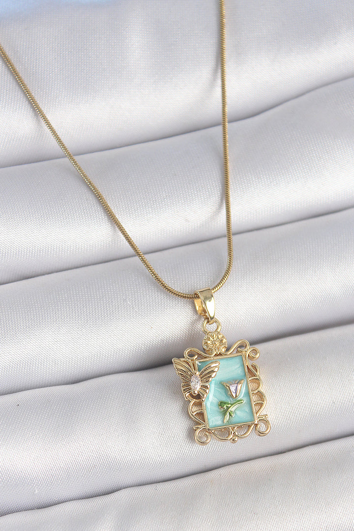 EBJ 316L Steel Gold Color Chain Blue Enamel Flower Embroidered Zircon Stone Butterfly Detail Portrait Model Women's Necklace - Brühl
