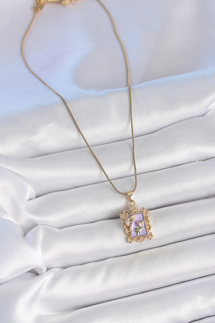 EBJ 316L Steel Gold Color Chain Purple Enamel Flower Embroidered Zircon Stone Butterfly Detail Portrait Model Women's Necklace - Vólos