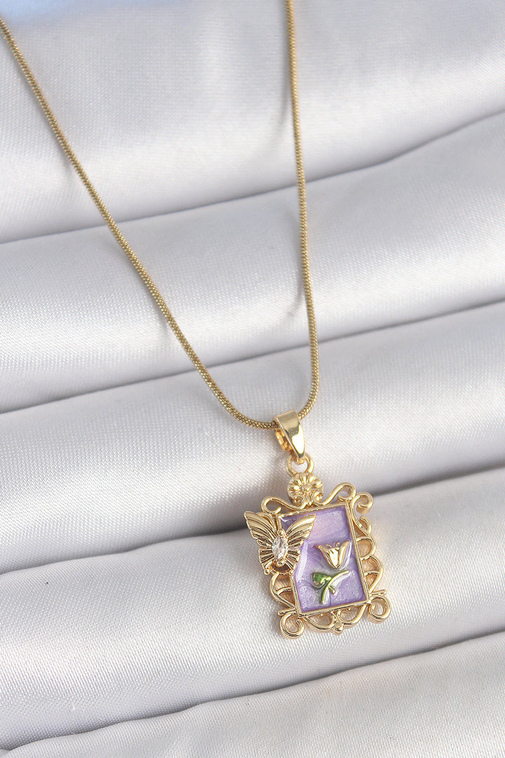EBJ 316L Steel Gold Color Chain Purple Enamel Flower Embroidered Zircon Stone Butterfly Detail Portrait Model Women's Necklace - Vólos