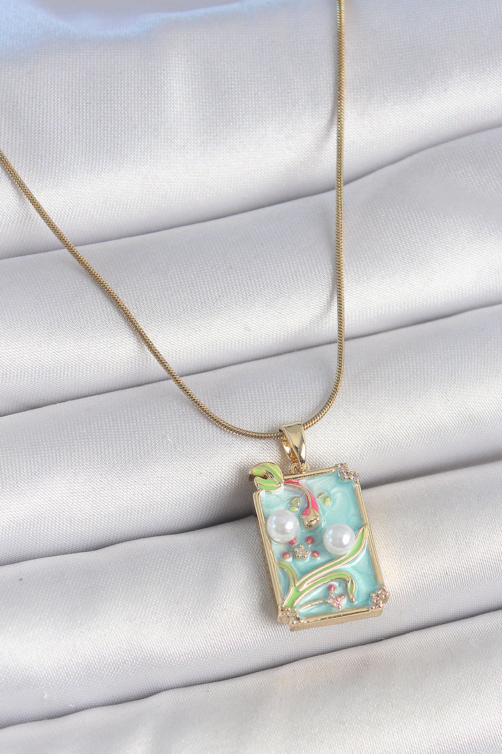 EBJ 316L Steel Gold Color Chain Blue Enamel Pearl Flower Embroidered Portrait Model Women's Necklace - Anaheim