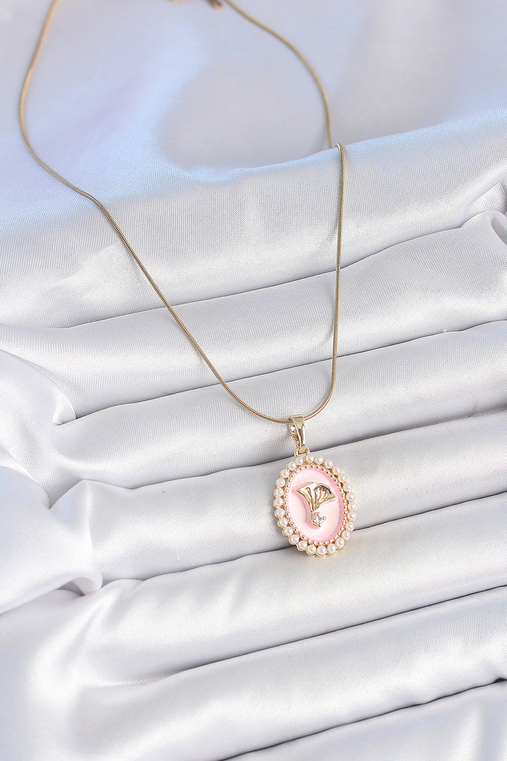 EBJ 316L Steel Gold Color Chain Pink Enamel Inlaid with Zircon Stone Flower Embroidered Portrait Model Women's Necklace - Streatham