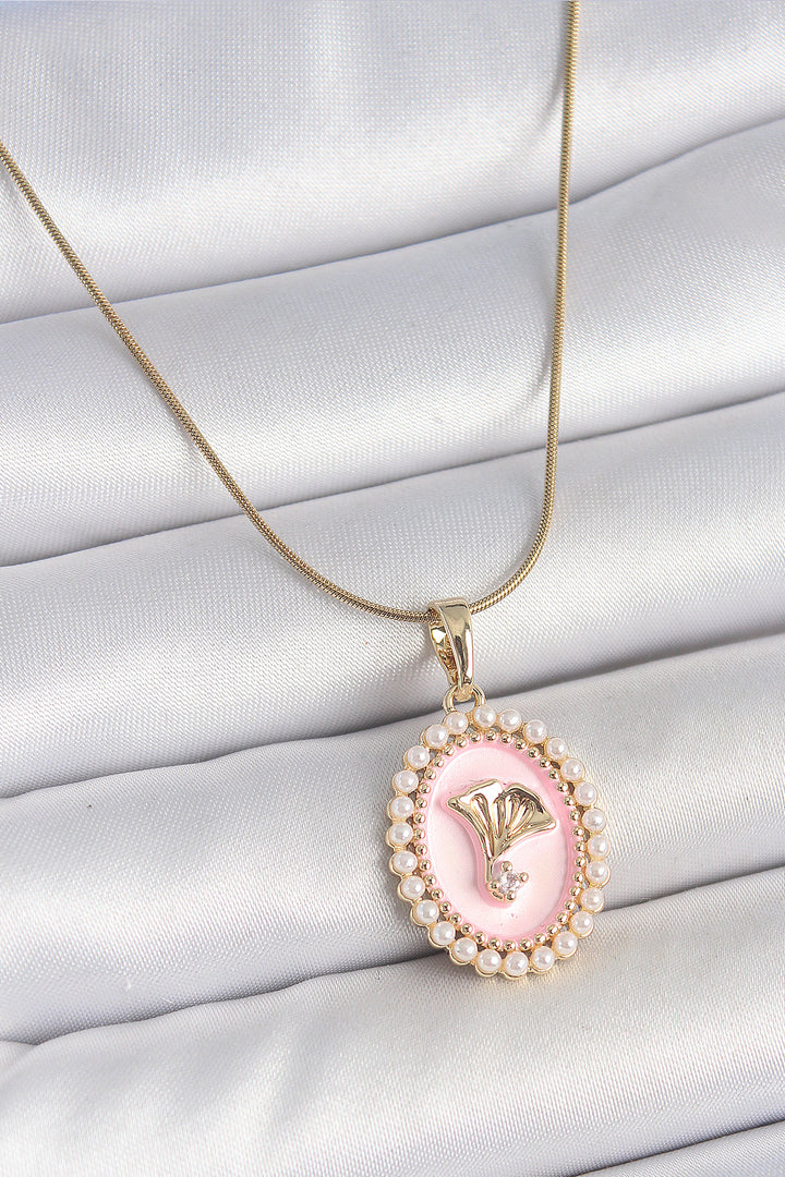 EBJ 316L Steel Gold Color Chain Pink Enamel Inlaid with Zircon Stone Flower Embroidered Portrait Model Women's Necklace - Streatham