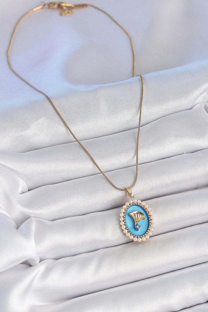 EBJ 316L Steel Gold Color Chain Blue Enamel Pearl Zircon Stone Flower Embroidered Portrait Model Women's Necklace - Wembley
