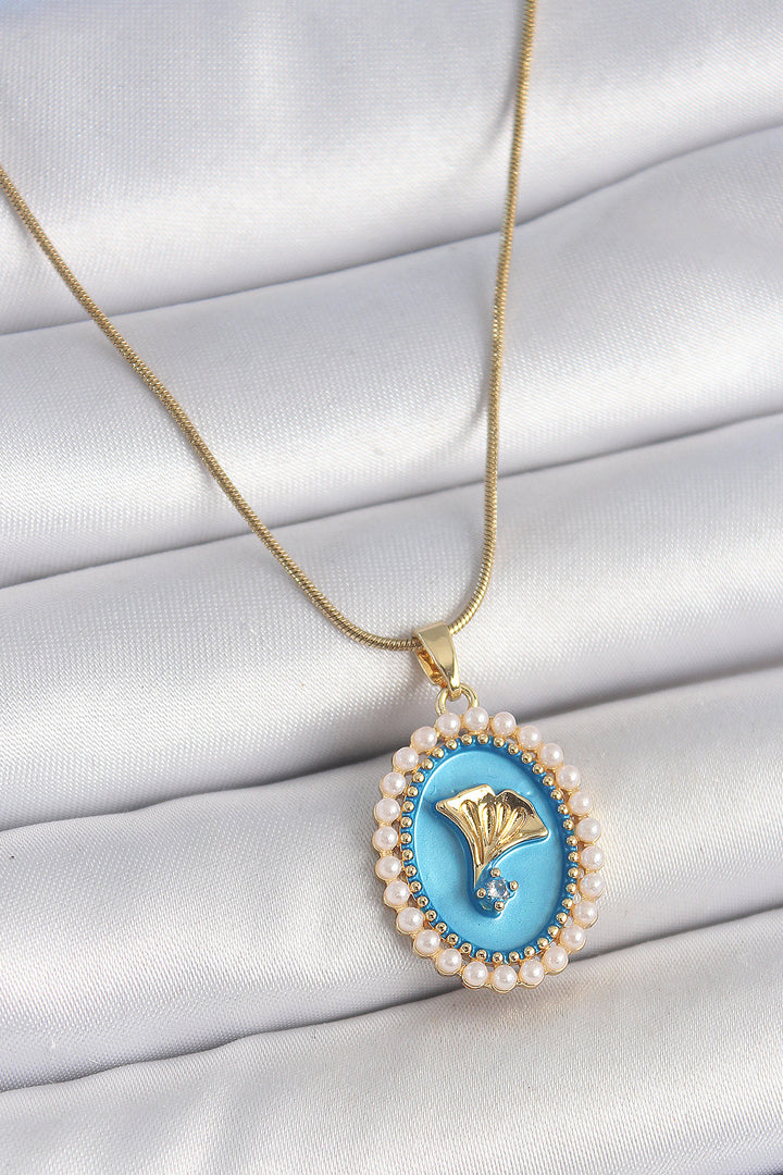 EBJ 316L Steel Gold Color Chain Blue Enamel Pearl Zircon Stone Flower Embroidered Portrait Model Women's Necklace - Wembley
