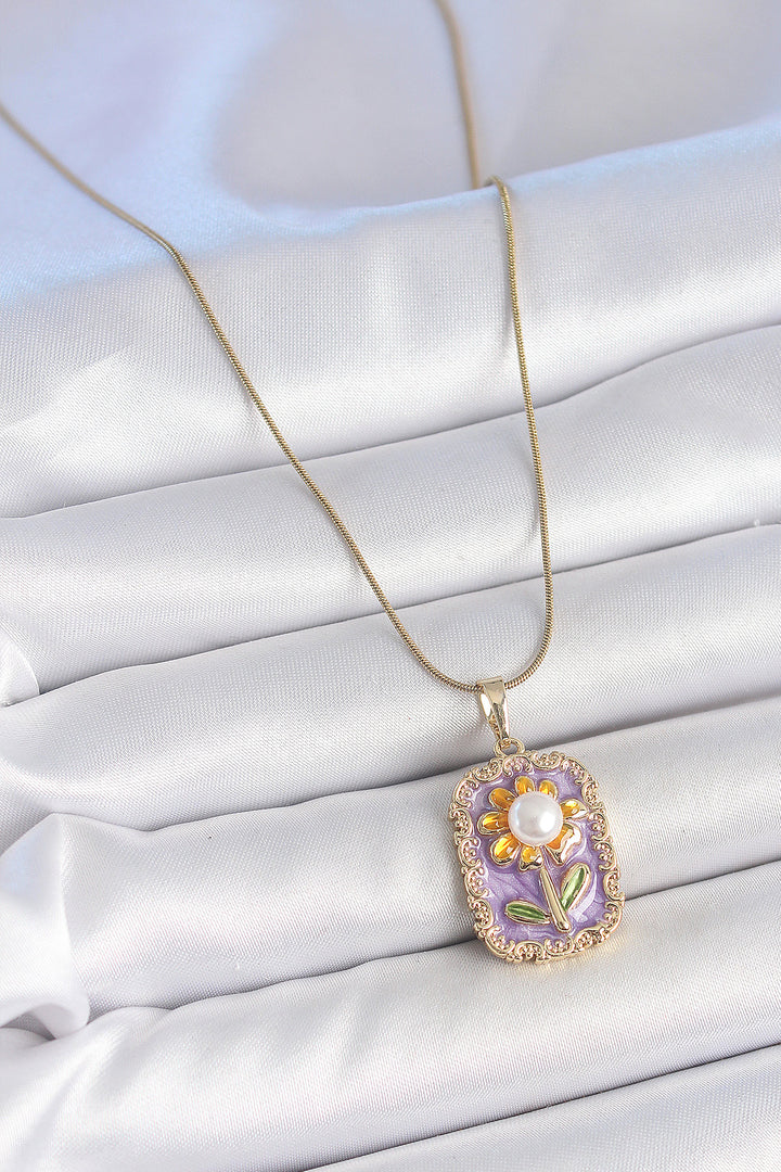 EBJ 316L Steel Gold Color Chain Purple Beaded Daisy Embroidered Portrait Model Women's Necklace - Deurne
