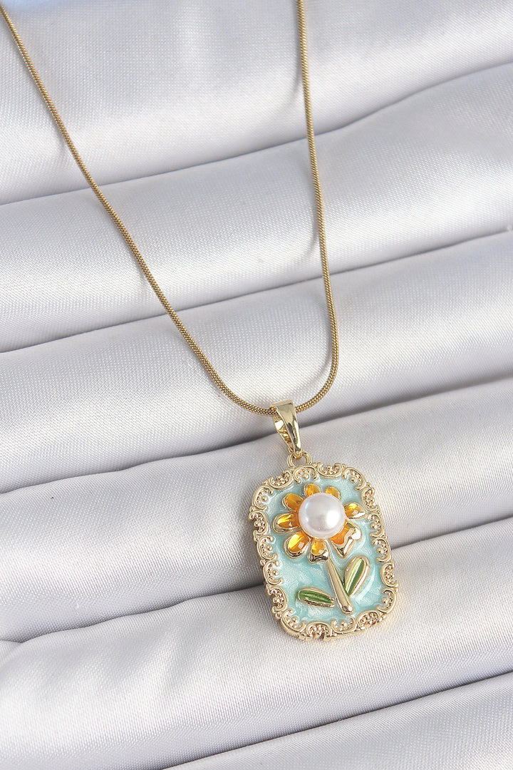 EBJ 316L Steel Gold Color Chain Blue Enamel Pearl Daisy Embroidered Portrait Model Women's Necklace - Finchley