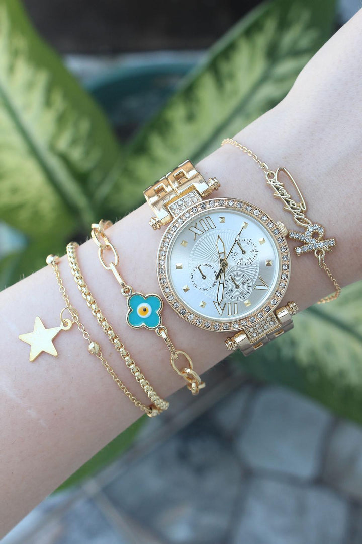 EBJ Roman Numeral Zircon Stone Gold Color White Dial Metal Women's Watch and Bracelet Set - Slutsk
