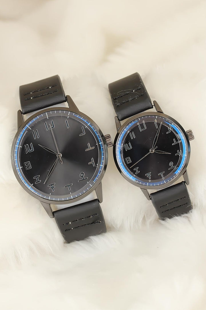 EBJ Black Leather Strap Smoke Color Metal Case Couple Watches - Regina