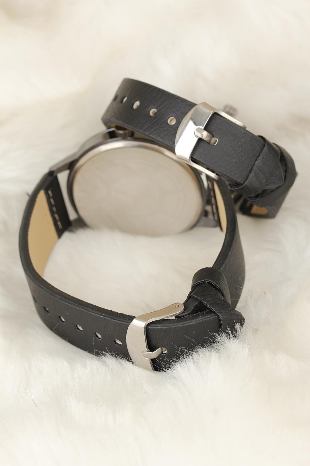 EBJ Black Leather Strap Smoke Color Metal Case Couple Watches - Regina