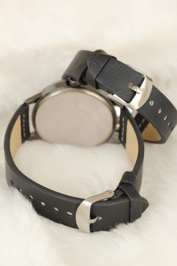 EBJ Black Leather Strap Smoke Metal Case Kayı Length Figured Lover Watches - Ameca