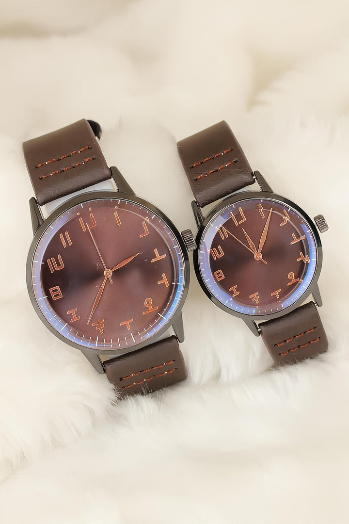 EBJ Brown Leather Strap Rose Metal Case Couple Watches - Maplewood