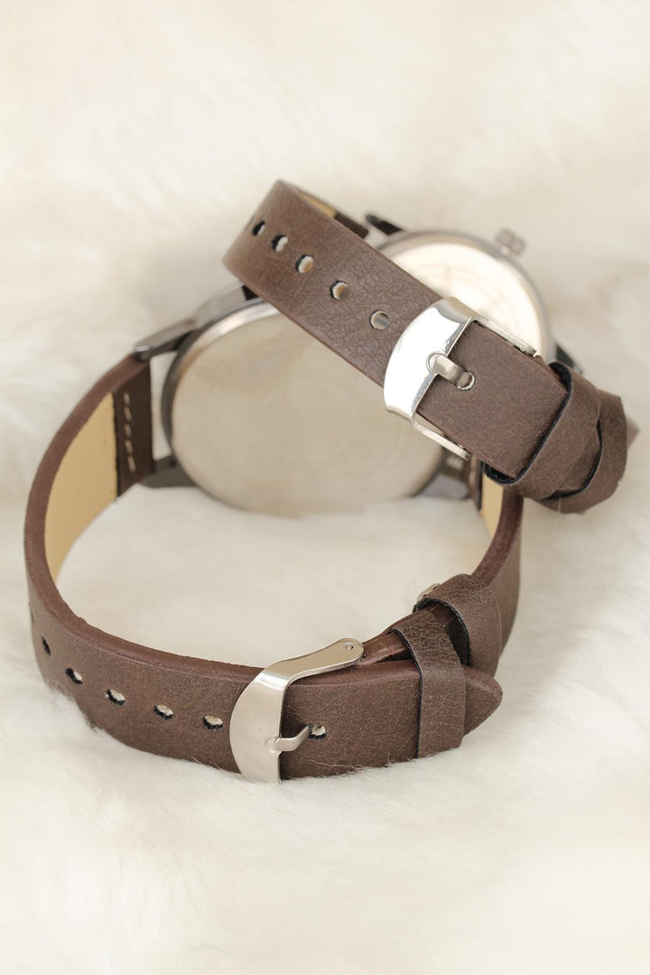 EBJ Brown Leather Strap Rose Metal Case Couple Watches - Maplewood