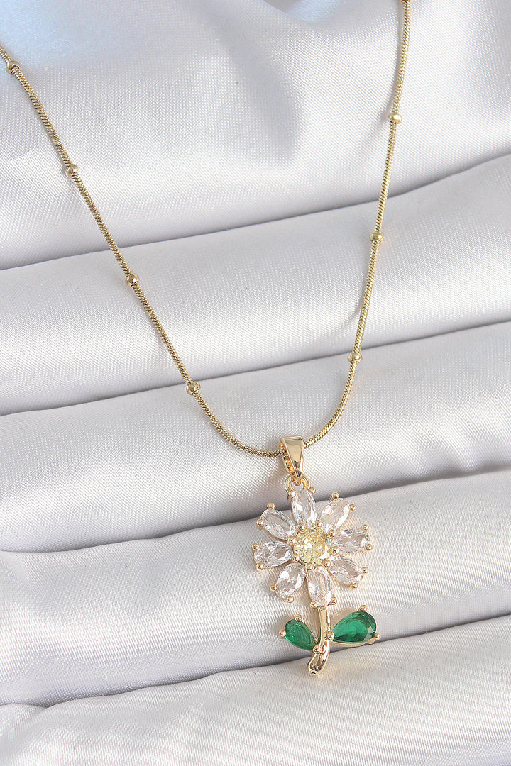 EBJ 316L Stainless Steel Gold Color Minimalist Bead Chain with Zircon Stone Daisy Model Women's Necklace - Craiova