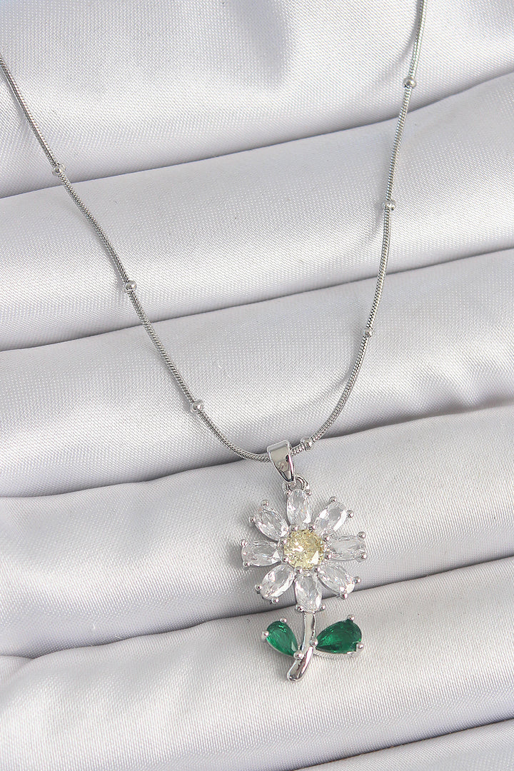EBJ 316L Stainless Steel Silver Color Minimal Bead Chain with Zircon Stone Daisy Model Women's Necklace - Zürich