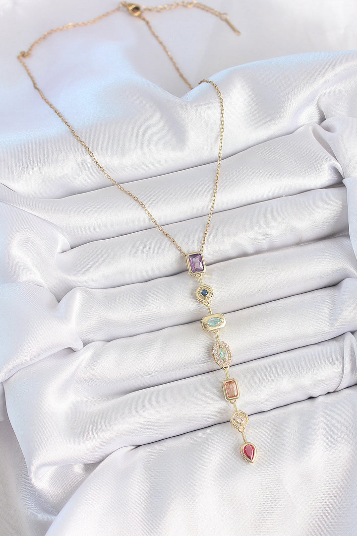 EBJ 316L Steel Gold Color Chain with Zircon Stone Y Model Decollete Women's Necklace - Enid