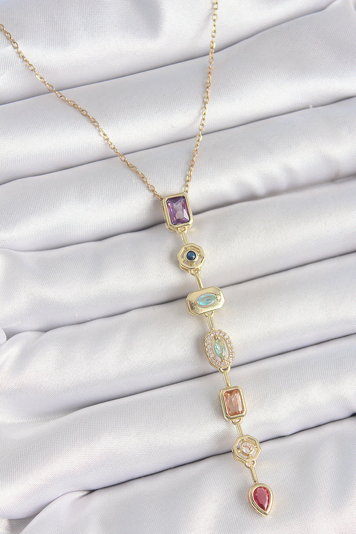 EBJ 316L Steel Gold Color Chain with Zircon Stone Y Model Decollete Women's Necklace - Enid