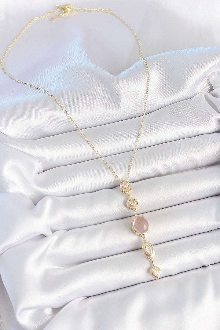 EBJ 316L Steel Gold Color Chain with Zircon Stone Pink Enamel Y Model Decollete Women's Necklace - Argyroúpoli