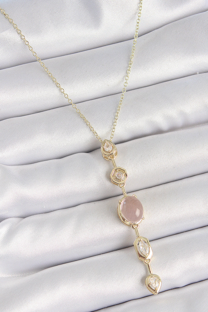 EBJ 316L Steel Gold Color Chain with Zircon Stone Pink Enamel Y Model Decollete Women's Necklace - Argyroúpoli