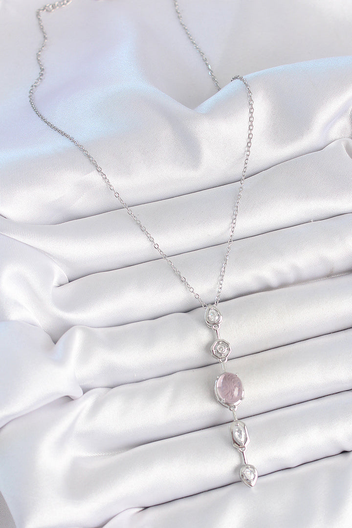 EBJ 316L Stainless Steel Silver Color Chain with Zircon Stone Pink Mother of Pearl Y Model Decollete Women's Necklace - Herzogenrath