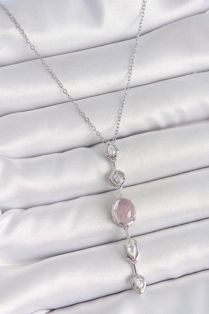 EBJ 316L Stainless Steel Silver Color Chain with Zircon Stone Pink Mother of Pearl Y Model Decollete Women's Necklace - Herzogenrath
