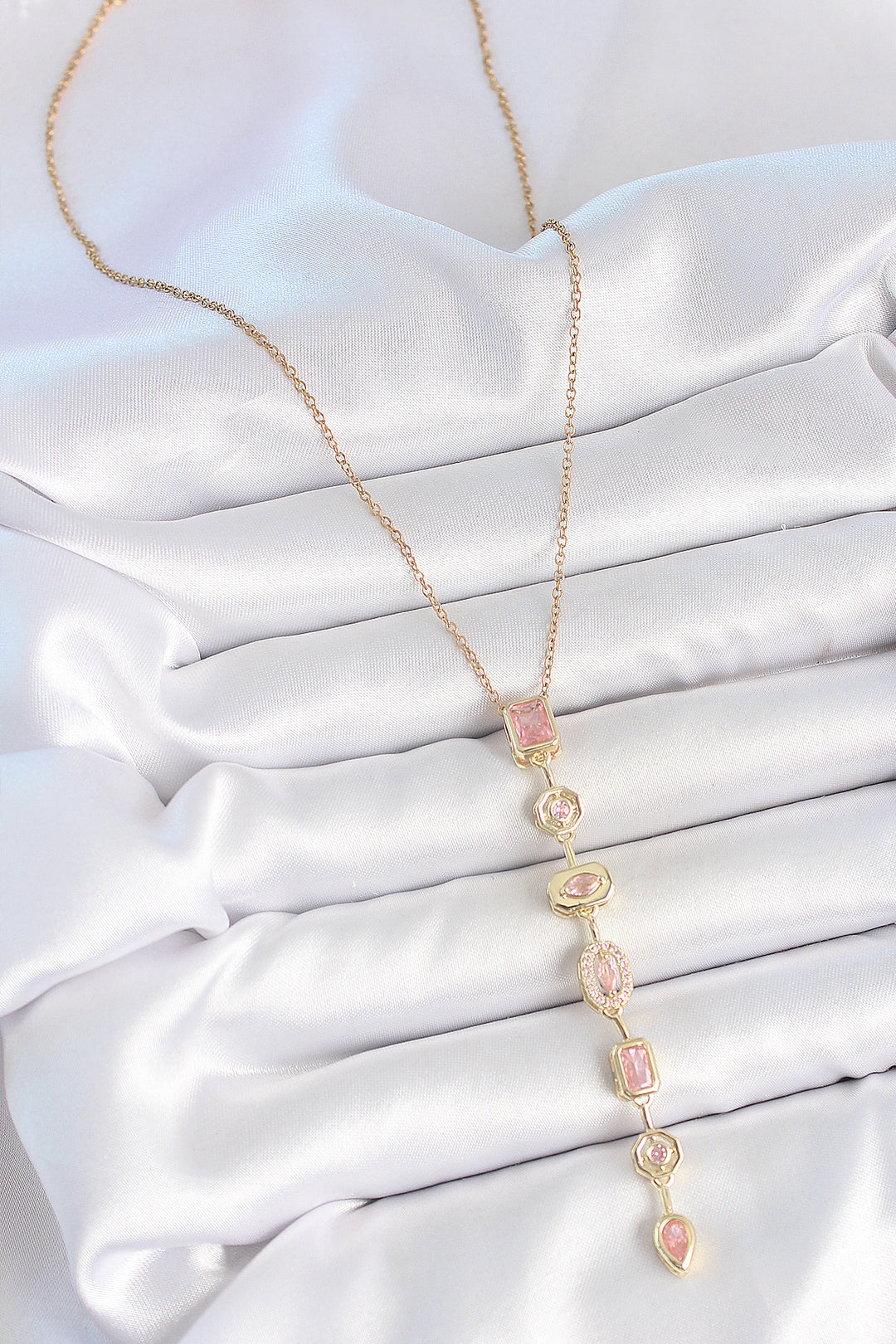 EBJ 316L Steel Gold Color Chain Pink Zircon Stone Y Model Decollete Women's Necklace - Plantation