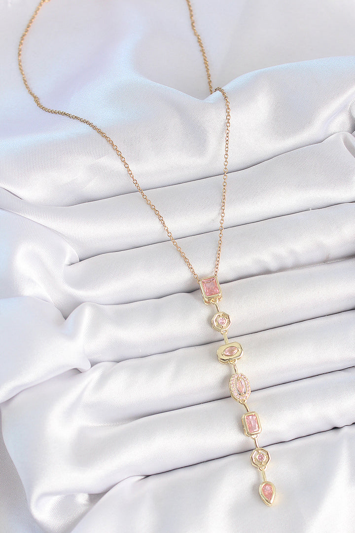 EBJ 316L Steel Gold Color Chain Pink Zircon Stone Y Model Decollete Women's Necklace - Plantation