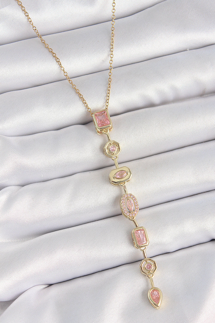 EBJ 316L Steel Gold Color Chain Pink Zircon Stone Y Model Decollete Women's Necklace - Plantation