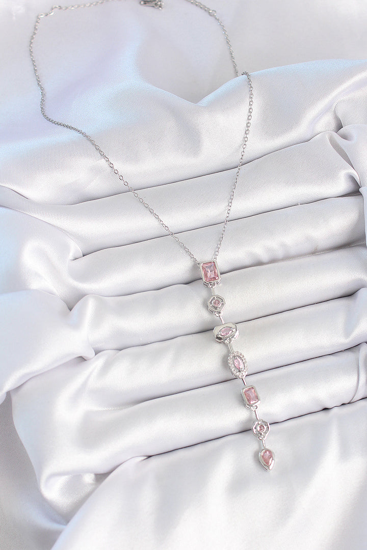 EBJ 316L Stainless Steel Silver Color Chain Pink Zircon Stone Y Model Decollete Women's Necklace - Montijo