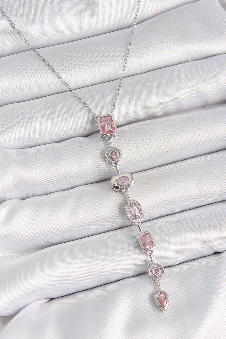 EBJ 316L Stainless Steel Silver Color Chain Pink Zircon Stone Y Model Decollete Women's Necklace - Montijo