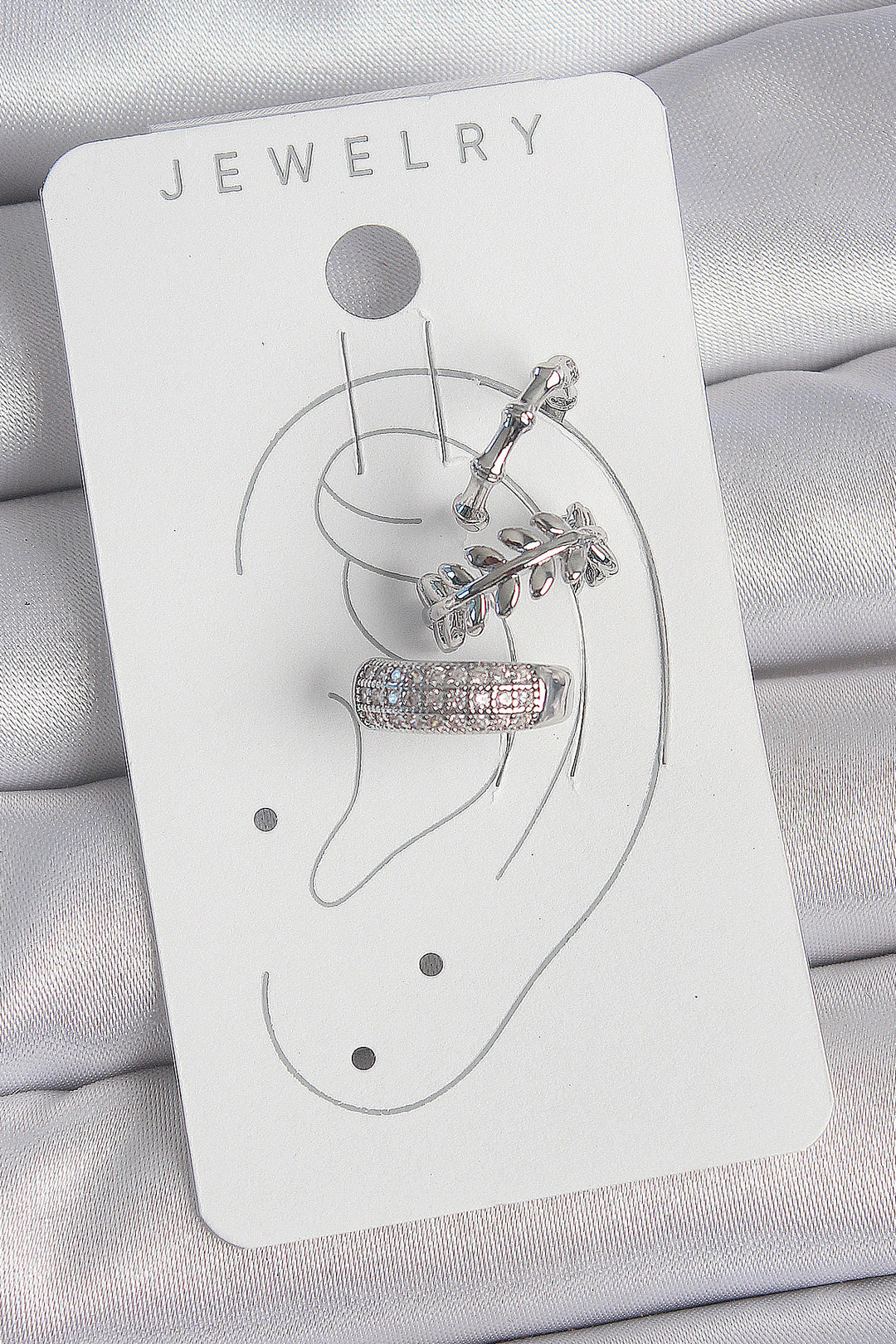 EBJ Rice Silver Color Zircon Stone 3-Piece Model Leaf Figure Women Cartilage Earring - Cunduacán