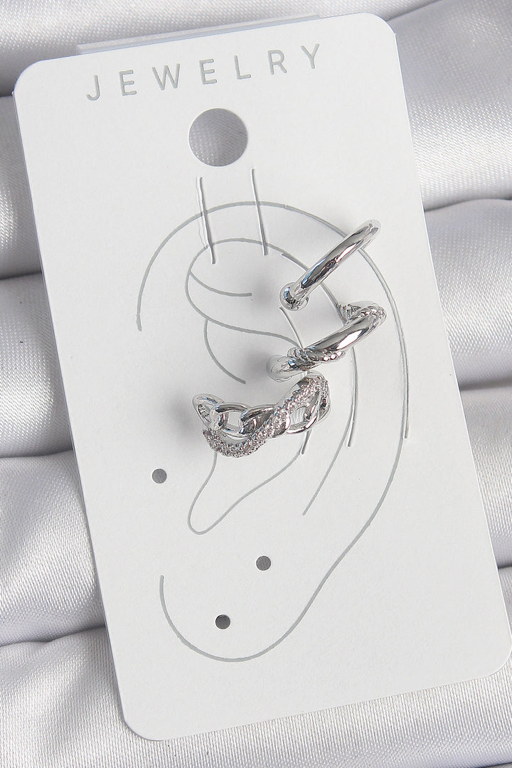 EBJ Rice Silver Color Zircon Stone 3-Piece Model Infinity Chain Model Cartilage Earring - Coyuca de Catalán
