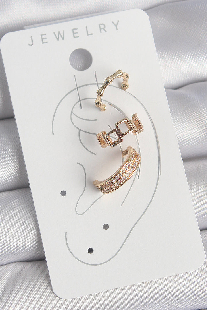EBJ Gold Color Square Model Earrings with Zircon Stone, 3-Piece Model Women's Cartilage Earring - Frontera