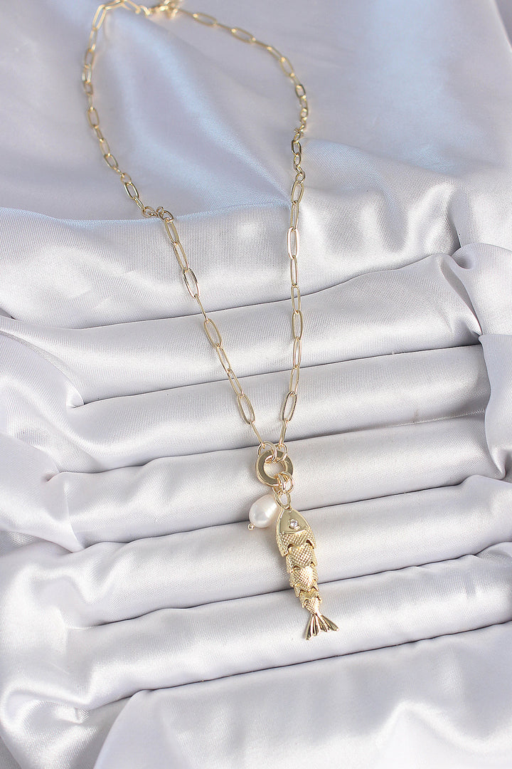 EBJ Pearl Detailed Zircon Stone Fish Shaped Gold Color Brass Necklace - Schertz